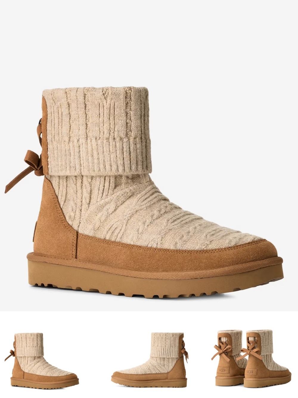 UGG Classic Mini Cabelle Cable Knit Fold-Over Ankle Boots in Cream & Tan NWOB